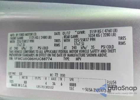 2017 Ford Escape Se z USA, uszkodzony, nr VIN 1FMCU0G96HUC88774